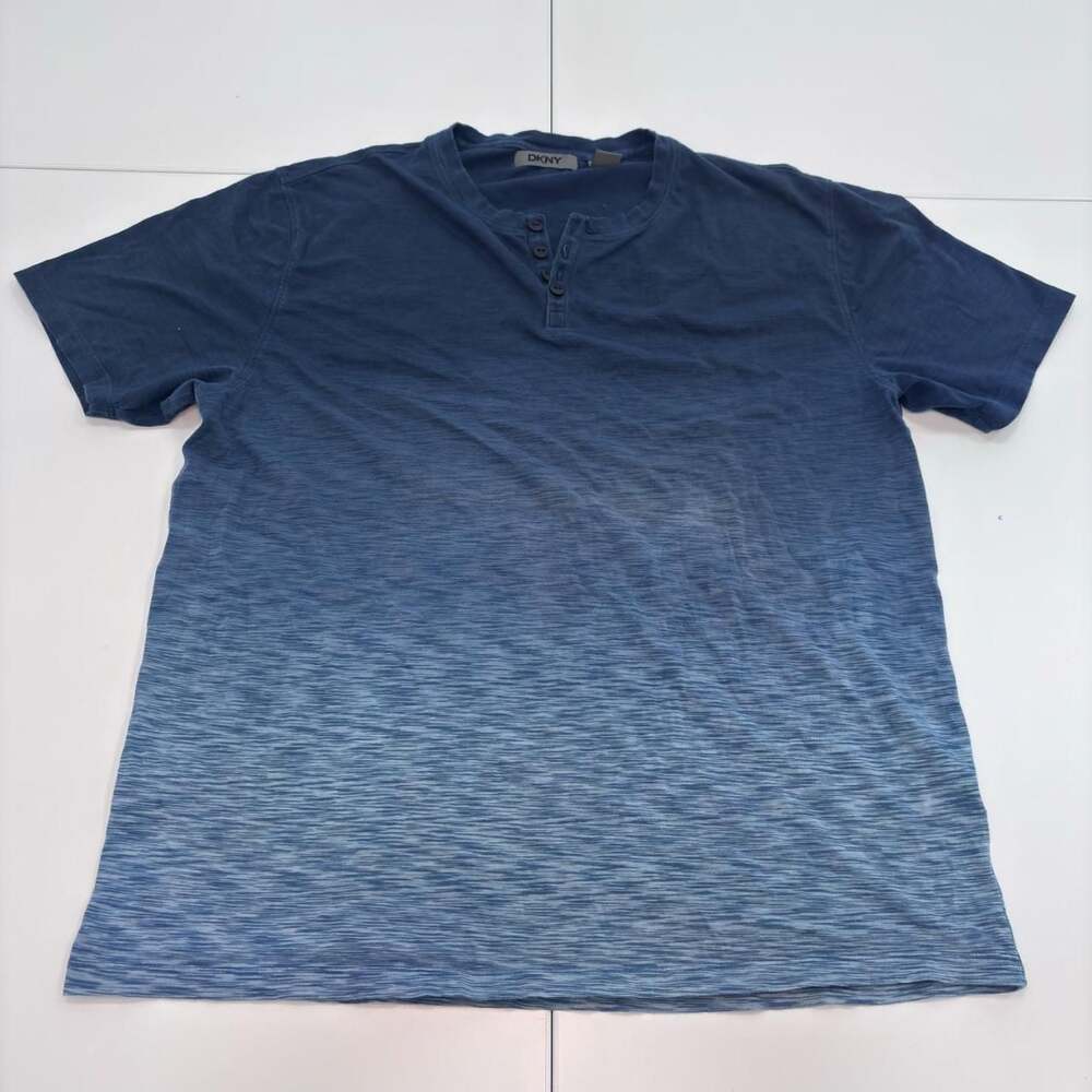 DKNY Dip-Dye Blue Henley T-Shirt XL Ombre Cotton Slub Knit